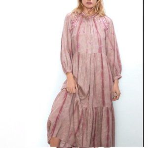 Zara Mauve/ Dusty Rose Embroidered Tie Dye Tiered Maxi Dress